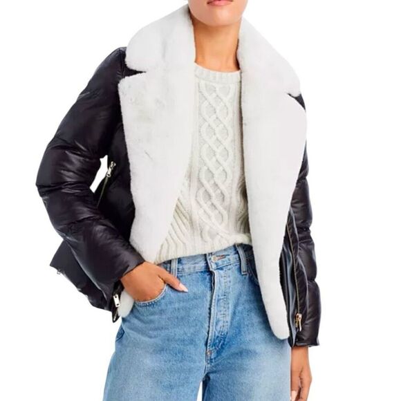 Generation Love Avila Faux Fur Puffer Jacket in Black/White Size M - Picture 1 of 8